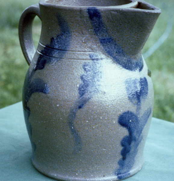 Unusual cobalt decorated pitcher with inset strainer. Burbage19.